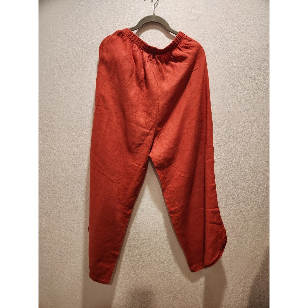Flax Linen Wide Leg Crop Pants Rust Orange Elastic Waist Small‎